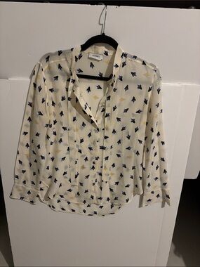 Max & Mara Cream Blouse with Navy and Yellow Bird Print